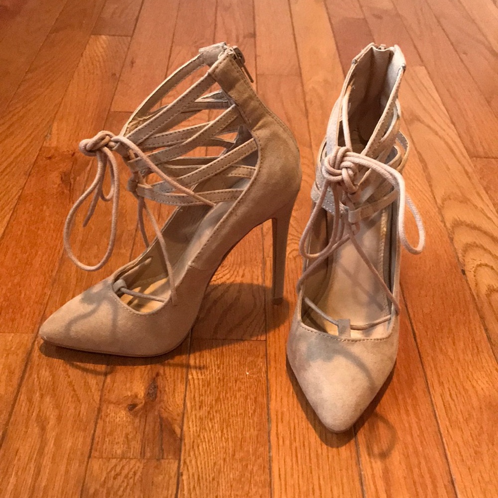 Nude strappy tie heels